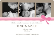 Pink Ribbon Three Family Photo Birth Announcement