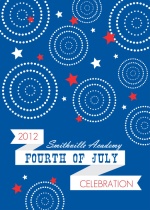 Modern Blue, Red and White Fireworks and Stars 4th of July Invitation