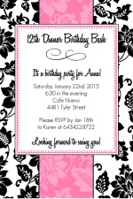 Black White and Pink Girls Birthday Party Invitation