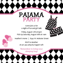 Harlequin Pattern Pink and Black Pajama Slumber Party Invitation