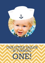 Nautical Sailor Hat Blue and Gold 1st Birthday Invitation