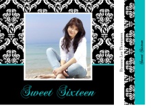 Turquoise and Black Damask Booklet Sweet Sixteen Invitation